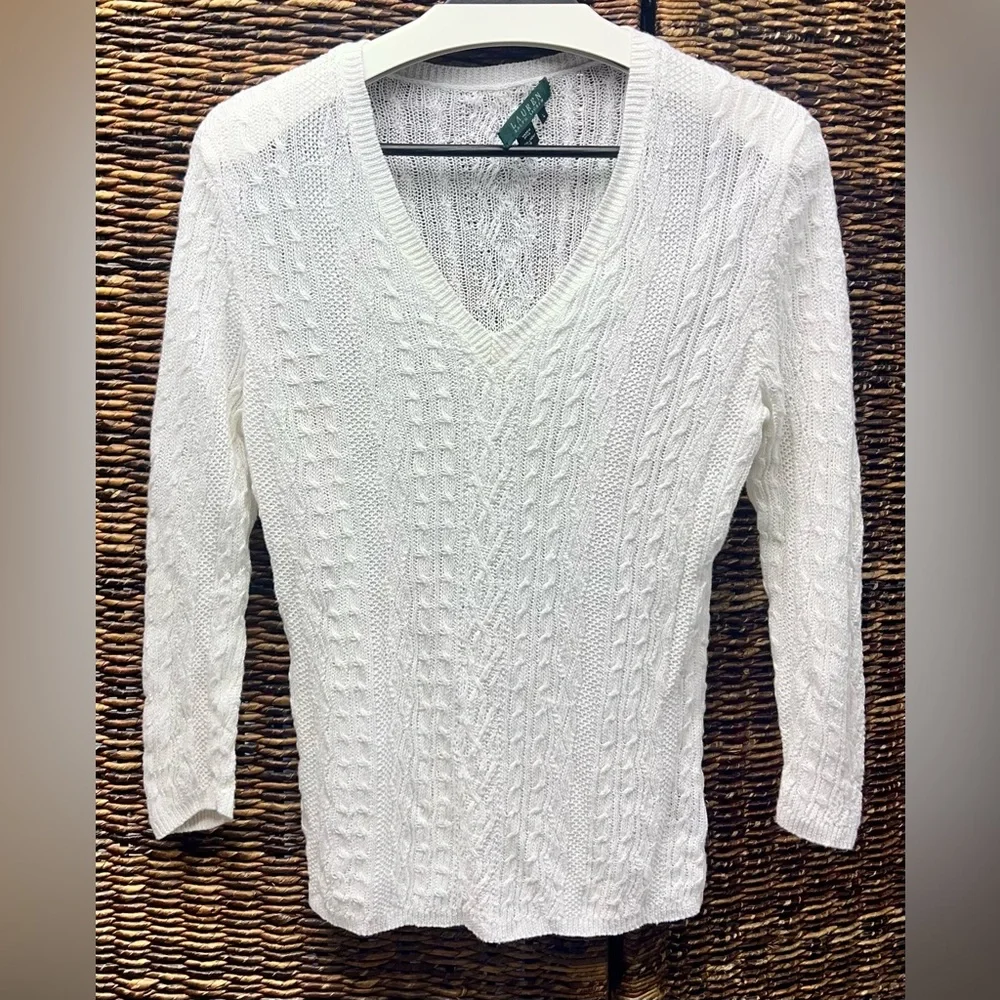 Lauren Ralph Lauren- Women's Linen White Cable Knit Sweater-‎ Large